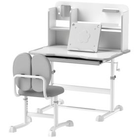 Qaba Height Adjustable Kids Desk and Chair Set for Writing Drawing w/ Tilt Desktop, Storage Drawer and Reading Rack, Gray