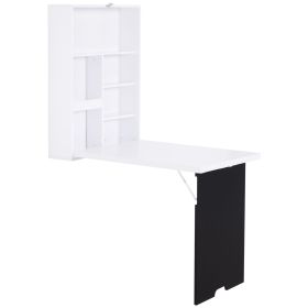 HOMCOM Foldable Wall Desk with Blackboard, Fold Out Convertible Floating Desk with Shelves, White