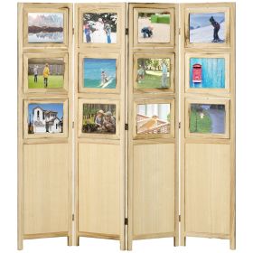 HOMCOM Room Divider with Photo Frames 4 Panel Wood Folding Privacy Screen Natural Indoor Partition