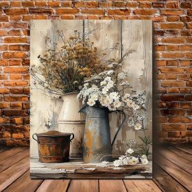 1 Piece Framed Wooden Canvas Painting, Rustic Wood Frame Canvas Art - Cream Yellow Wood Grain With White Jasmine Flowers With Rust Colored Wateri (Option: 12x8inch)