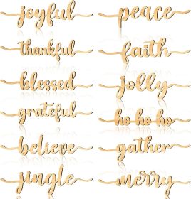 12 Pieces Christmas Word Wood Cutout Joyful Merry Thankful Grateful Blessed Peace Gather Word Sign Christmas Plate Cutout Rustic Merry Signs for (Color: Wood Color)